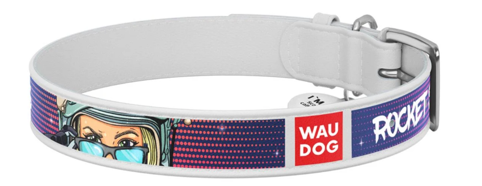 Ошейник для собак кожаный WAUDOG Design с QR паспортом Космос Ракетостроение ХL 35 мм 46-59 см Белый (Collar0035-0124-15)