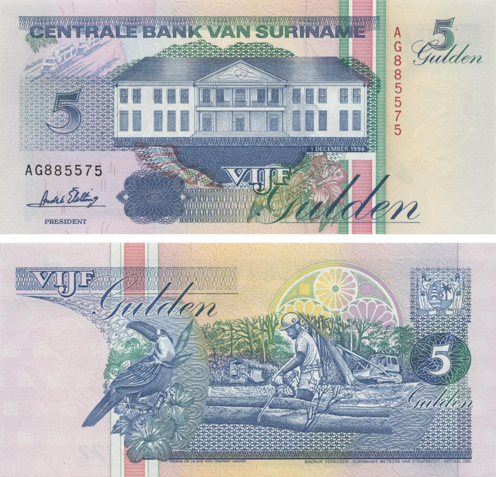 Коллекционная банкнота Суринам 5 гульденов 1996 UNC P136 (Б09988)