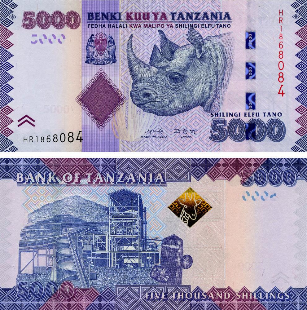 Коллекционная банкнота Танзания 5000 шиллингов 2020 UNC Носорог P43c (Б16469)