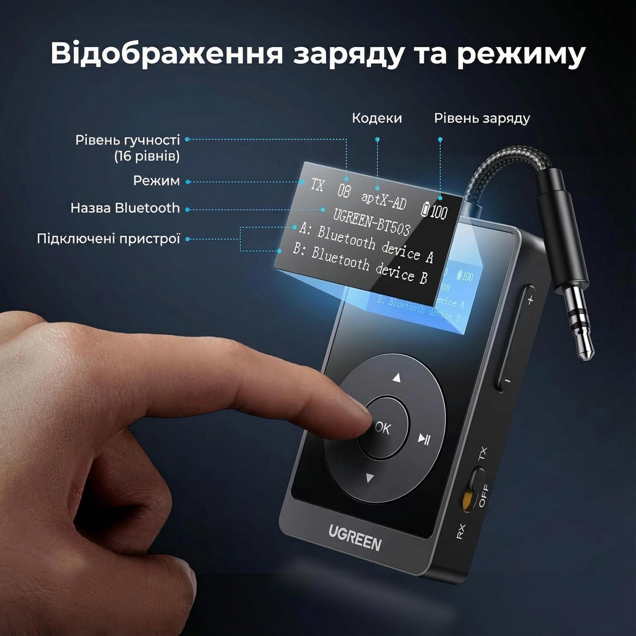 Bluetooth-адаптер приемник-передатчик UGREEN BT503 3,5 мм Bluetooth 5.3/LCD Черный (45492) - фото 7