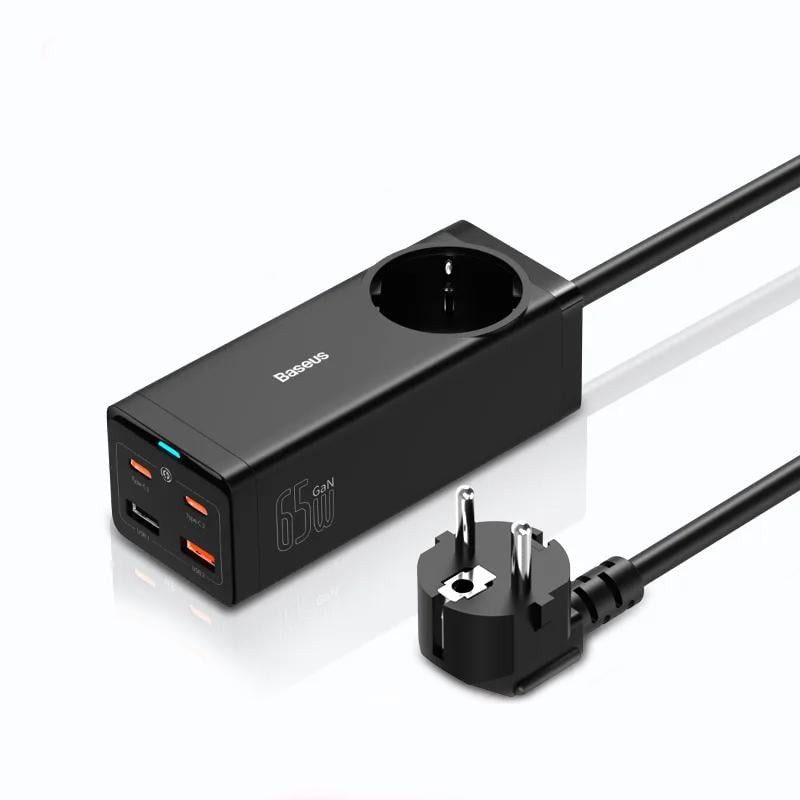 Зарядний пристрій мережевий BASEUS GaN3 Pro 65 W 2Type-C + 2USB + AC Black + кабель (PSZM000901)