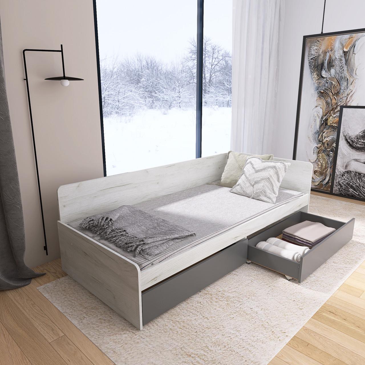 Кровать детская с ящиками Еверест 800 ЩИТ ДСП Крафт Белый/Графитовый (е-207474)