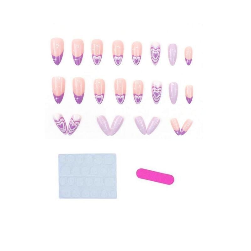 Накладные ногти Сердце со звездами миндаль средней длины с клеевыми пластинами 24 шт. Фиолетовый (2789190717)