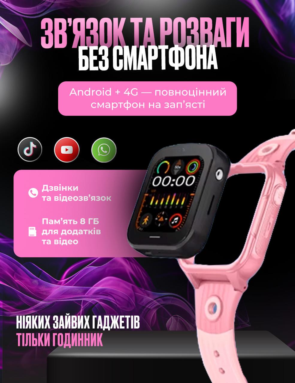 Смарт-годинник дитячий D38 з SIM картою GPS прослуховуванням відеодзвінком 4G Play Market Операційна система Android OS Рожевий - фото 2