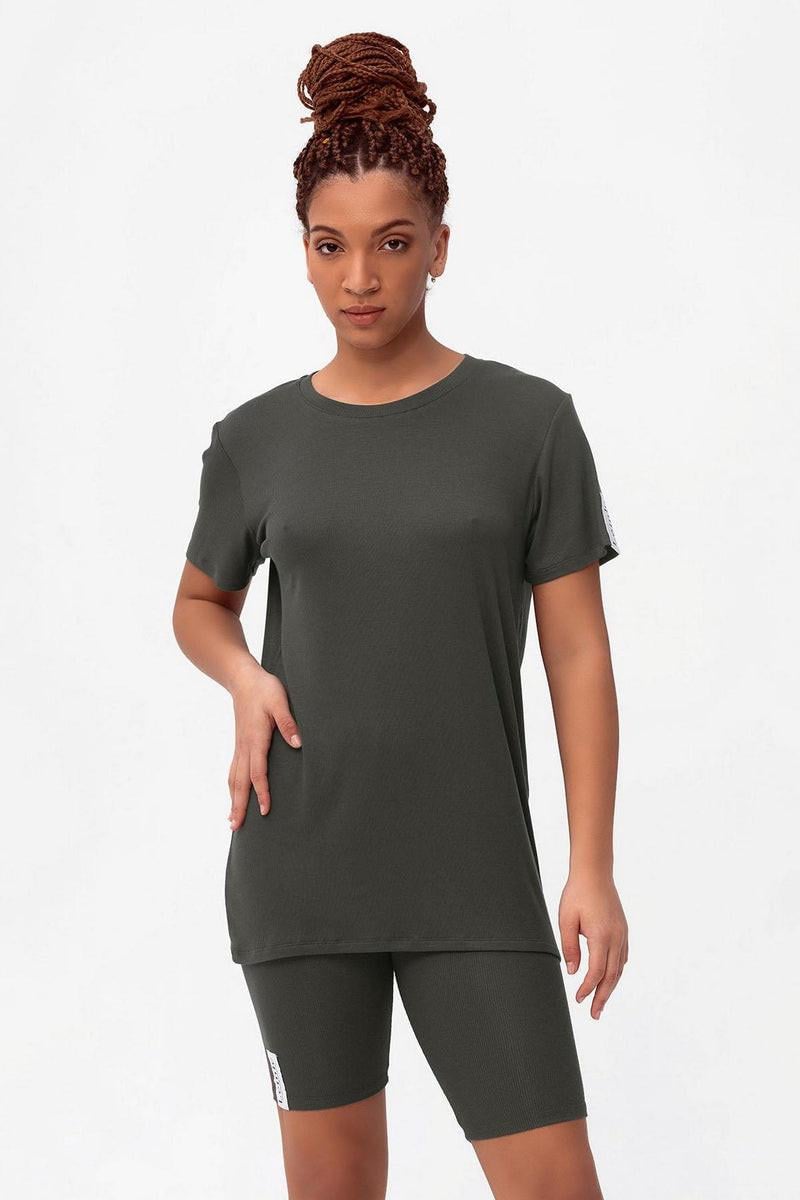 Комплект жіночий Leinle футболка оверсайз/шорти-велосипедки високої посадки трикотажний XS Сірий (1456/60130)