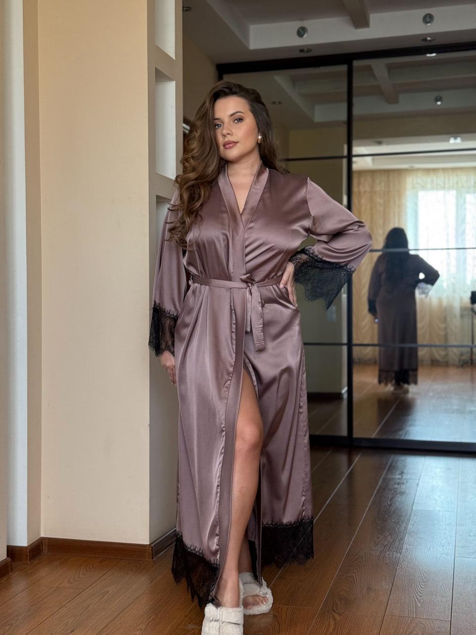 Халат женский длинный Maybel шелковый с кружевом 2XL Шоколадный (2574760039)