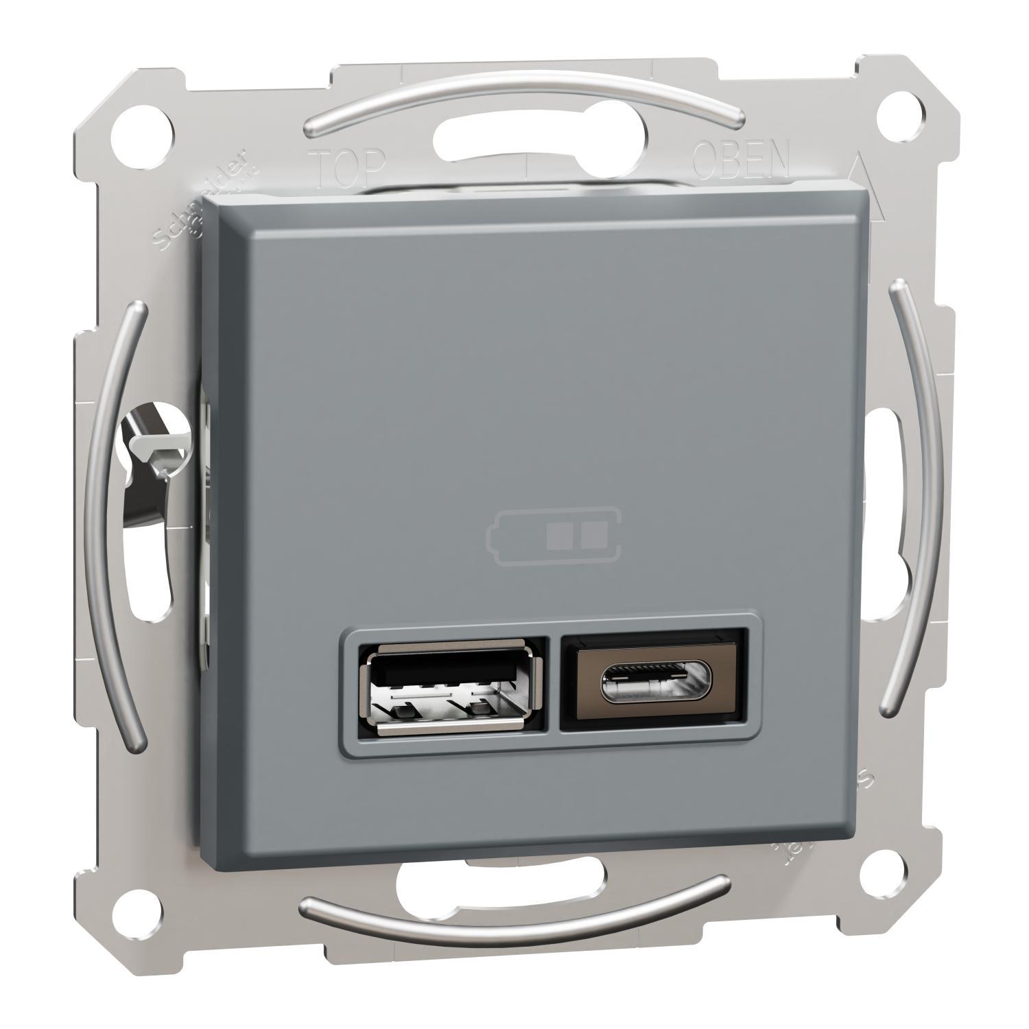 Розетка Schneider Electric Asfora USB 2.0 port 5V DC 2,4 A тип A+C Сталь (EPH2700362)