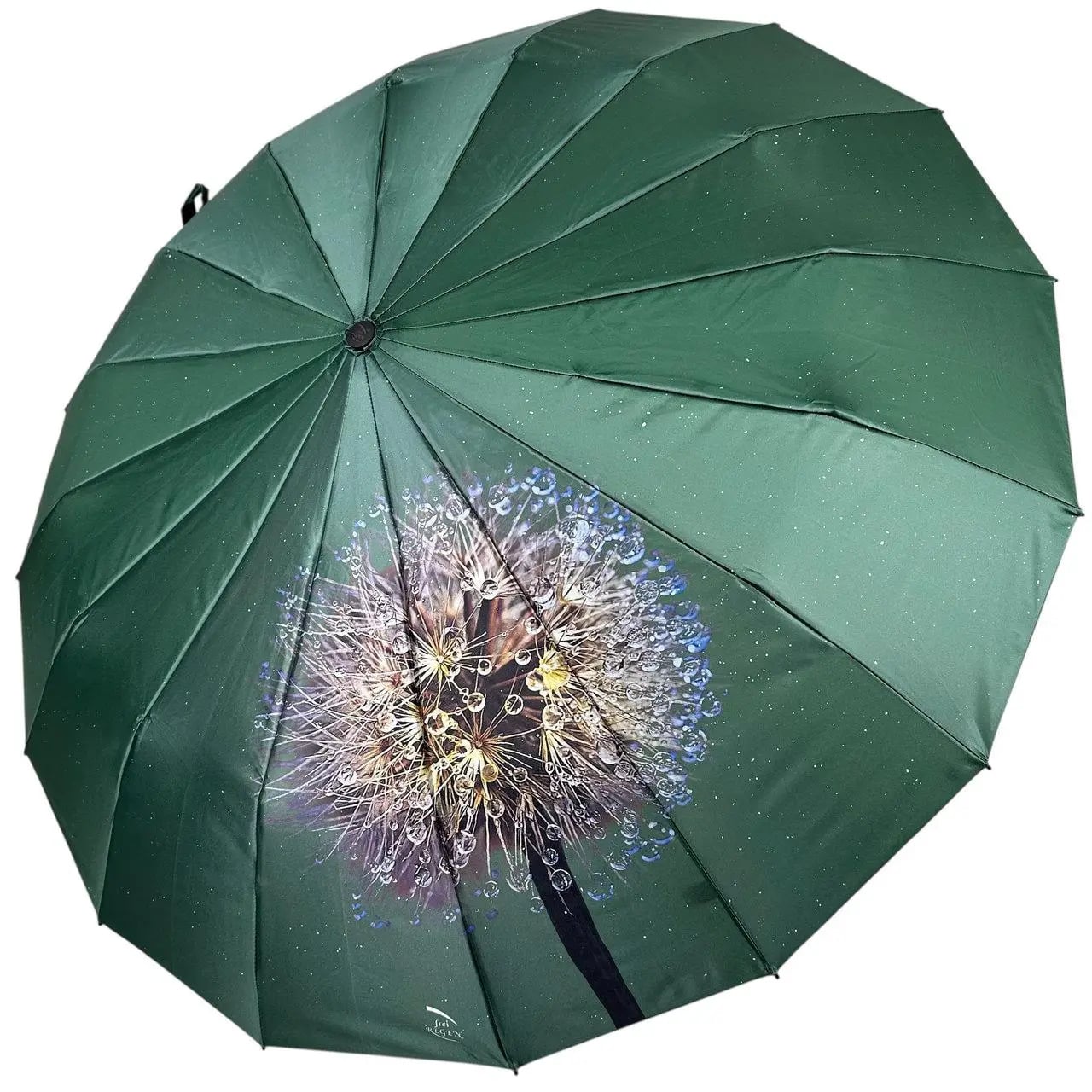 Парасолька автомат жіноча Frei Regen 6277-3 Кульбаби сатиновий купол 106 см на 16 посилених спиць Зелений