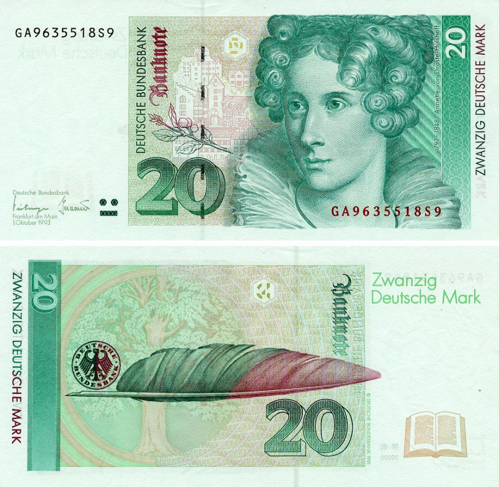 Коллекционная банкнота Германия 20 марок 1993 AU-UNC (P39b)