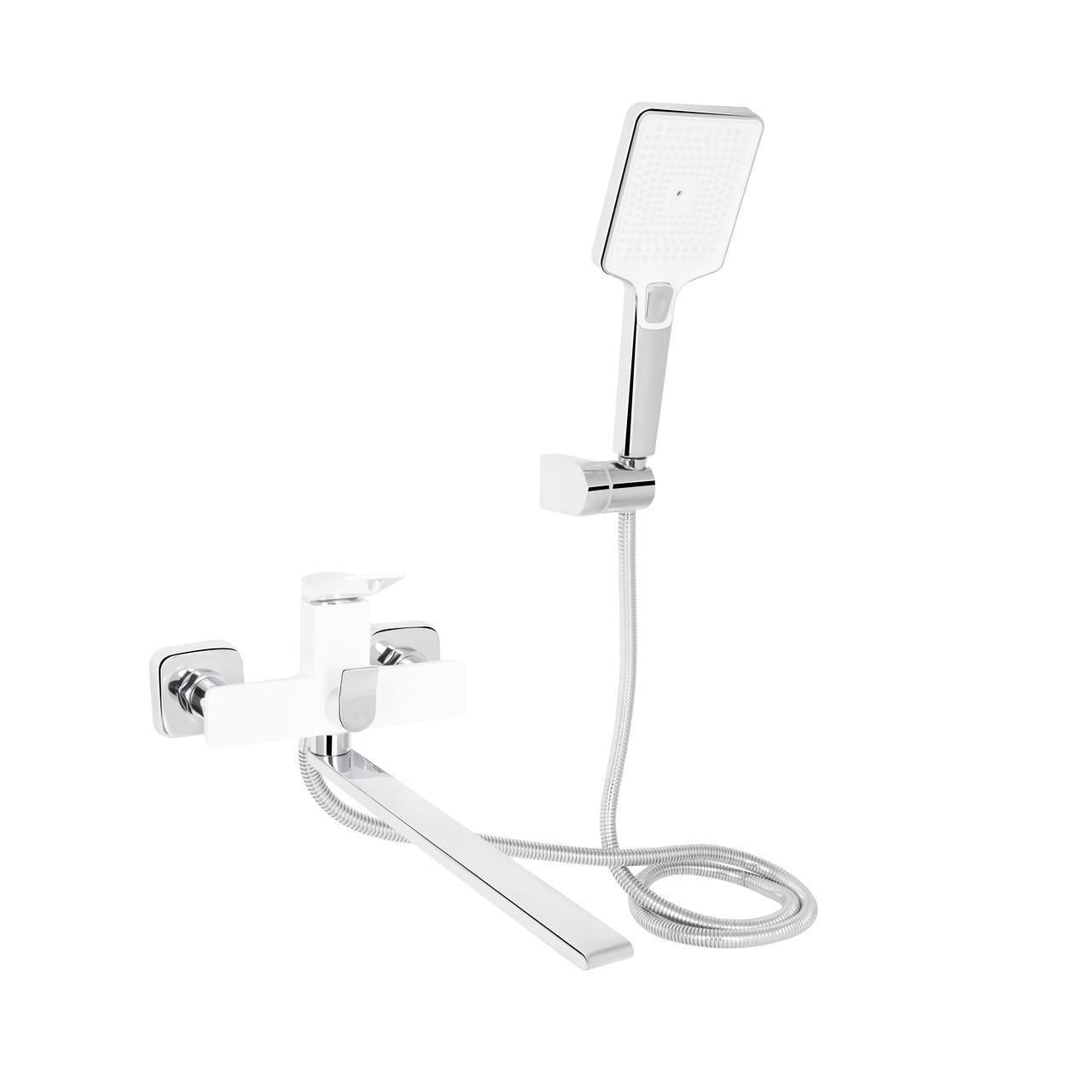 Смеситель для ванны Qtap Presto QTPRE2601CRW45578 с длинным поворотным изливом с душевым гарнитуром Chrome/White (2751240284)