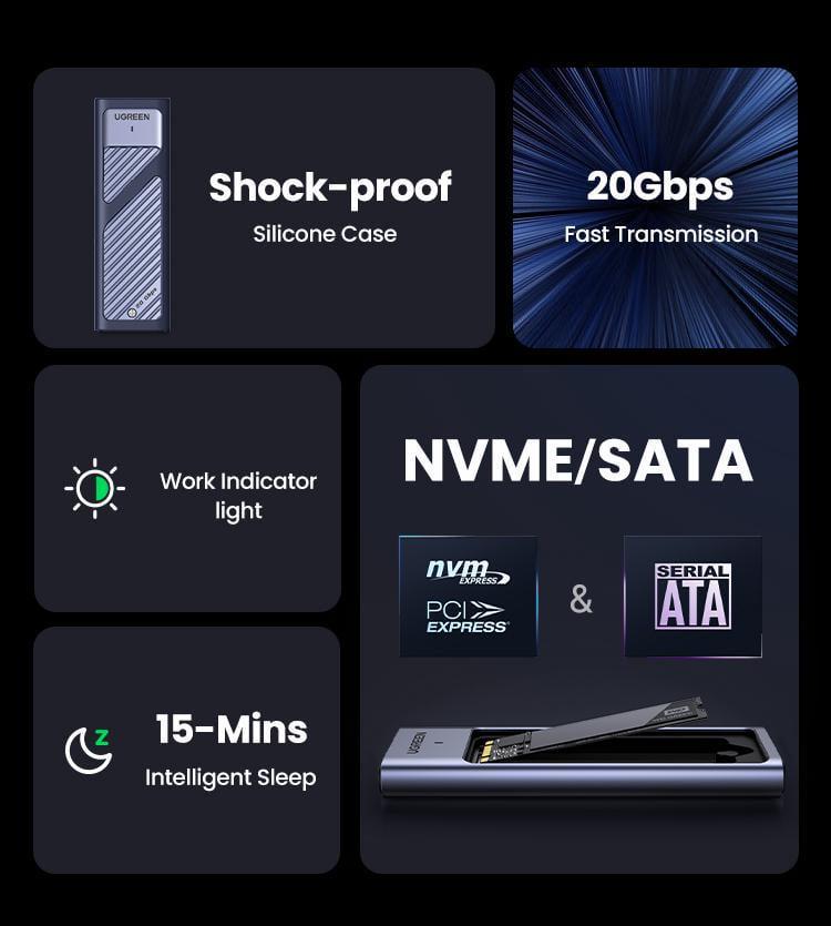 Корпус UGREEN для M.2 NVME та SATA SSD дисків 20 Гбіт/с з Кабелем M та B&M 2280/2230/ 2242/2260 для PCI-e та NGFF Сріблястий (35576) - фото 4 Корпус UGREEN для M.2 NVME та SATA SSD дисків 20 Гбіт/с з Кабелем M та B&M 2280/2230/ 2242/2260 для PCI-e та NGFF Сріблястий (35576) - фото 4