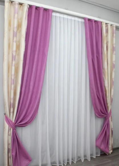 Шторы комбинированные лен 1,5х2,7 м 2 шт. Розовый/Бежевый (014дк/125-949ш)