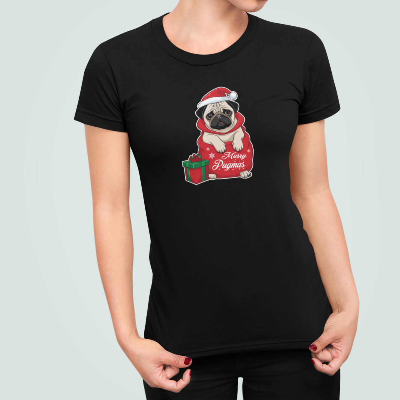 Футболка женская новогодняя Stedman с принтом "Merry Pugmas" Мопс Санта XXL Черный (НГ190.1-5)
