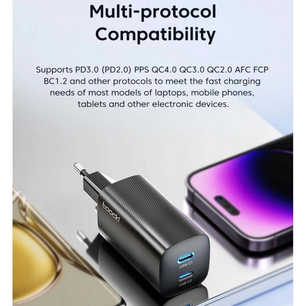 Зарядний пристрій мережевий Toocki GAN 65W 2 type-c з кабелем Black (25397353) - фото 10 Зарядний пристрій мережевий Toocki GAN 65W 2 type-c з кабелем Black (25397353) - фото 10