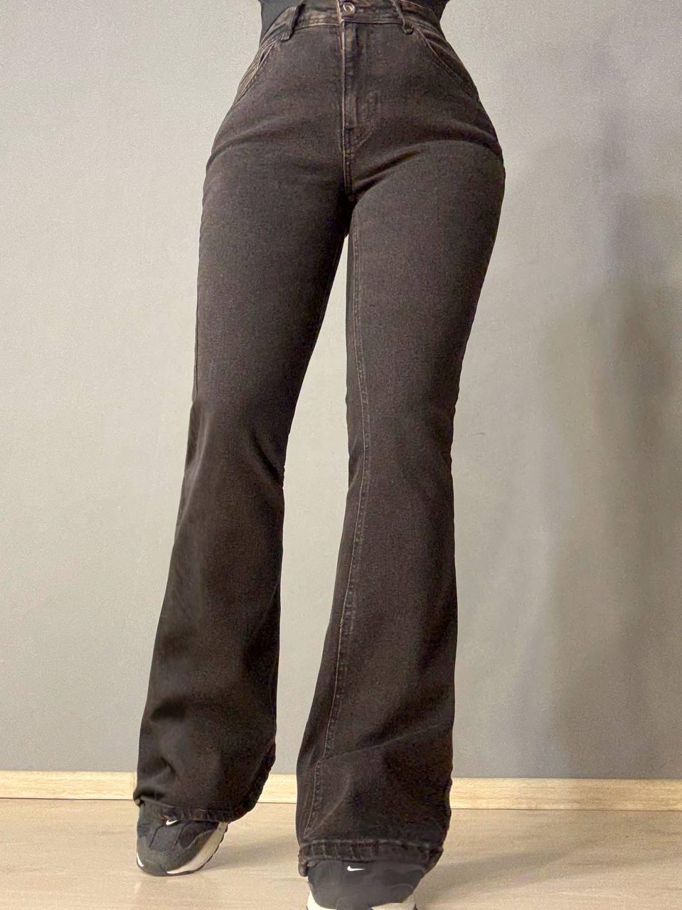 Джинсы женские Sherocco 7032 клеш от колена высокая посадка стрейчевые р. 31 Черный с коричневым (5829)