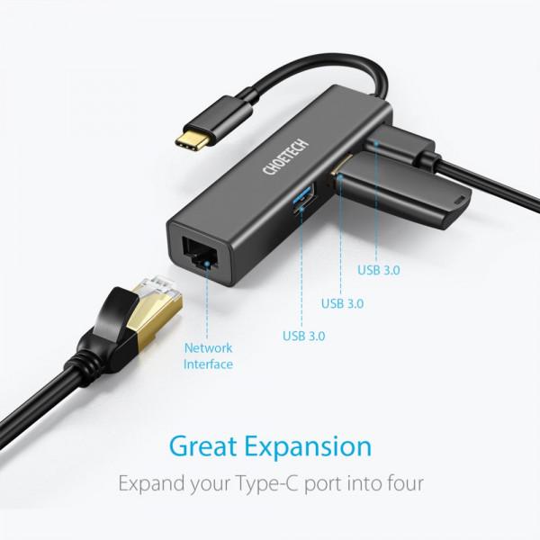 Хаб Choetech USB-C 3.1-3 порту USB 3.0 + Ethernet RJ45 1000 Мбіт/с (615326) - фото 2