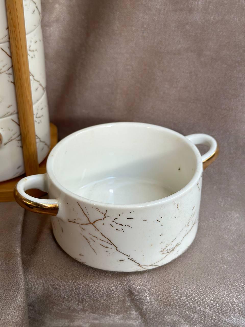 Набір бульйонниць Yiwu HP1229 керамічних з ложками для супу на підставці 12 пр. Білий (21265384) - фото 3