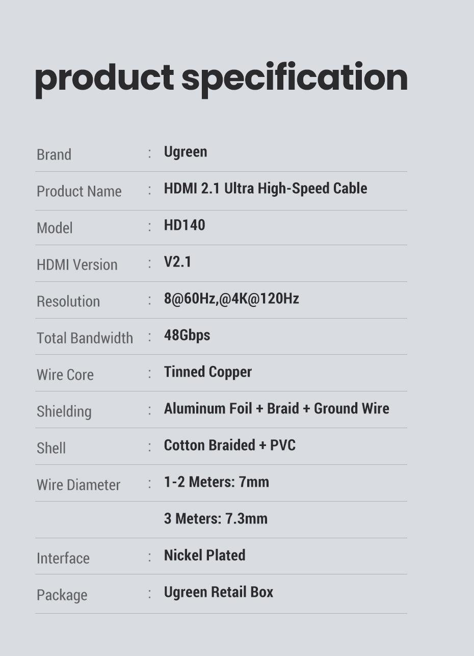 Кабель UGREEN HDMI 2.1 4K 120Hz 48 Гбит/с 3D Dolby Atmos HDR 10+ eARC HDCP 2.3 1080p 240Hz 3 м Черный (80404) - фото 9 Кабель UGREEN HDMI 2.1 4K 120Hz 48 Гбит/с 3D Dolby Atmos HDR 10+ eARC HDCP 2.3 1080p 240Hz 3 м Черный (80404) - фото 9