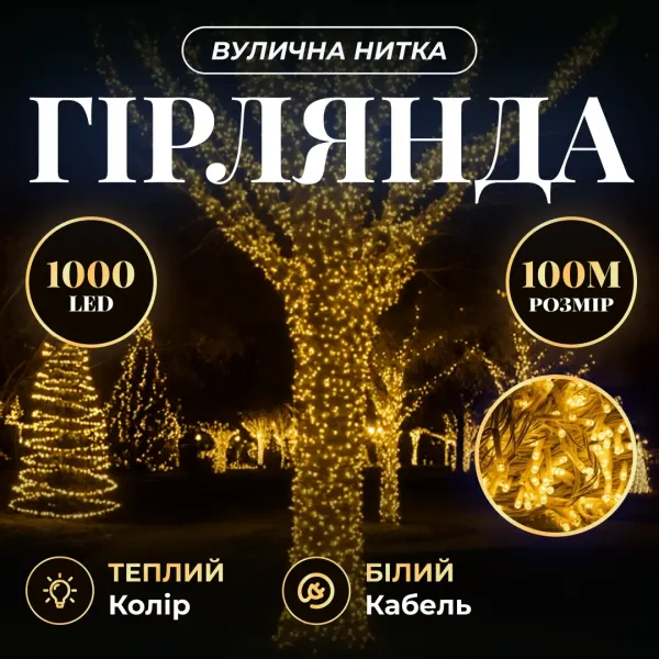 Гирлянда нить уличная 1000 LED 100 м от сети белая нить Желтый - фото 2 Гирлянда нить уличная 1000 LED 100 м от сети белая нить Желтый - фото 2