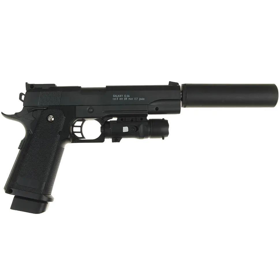 Пистолет страйкбольный Galaxy G6A Colt M1911 Hi-Capa с глушителем и прицелом металл Черный (10258139)