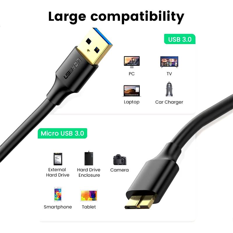 Кабель для камеры жесткого диска телефона UGREEN US130 Micro USB 3,0 на USB-A 3,0 1 м Black (10841) - фото 3