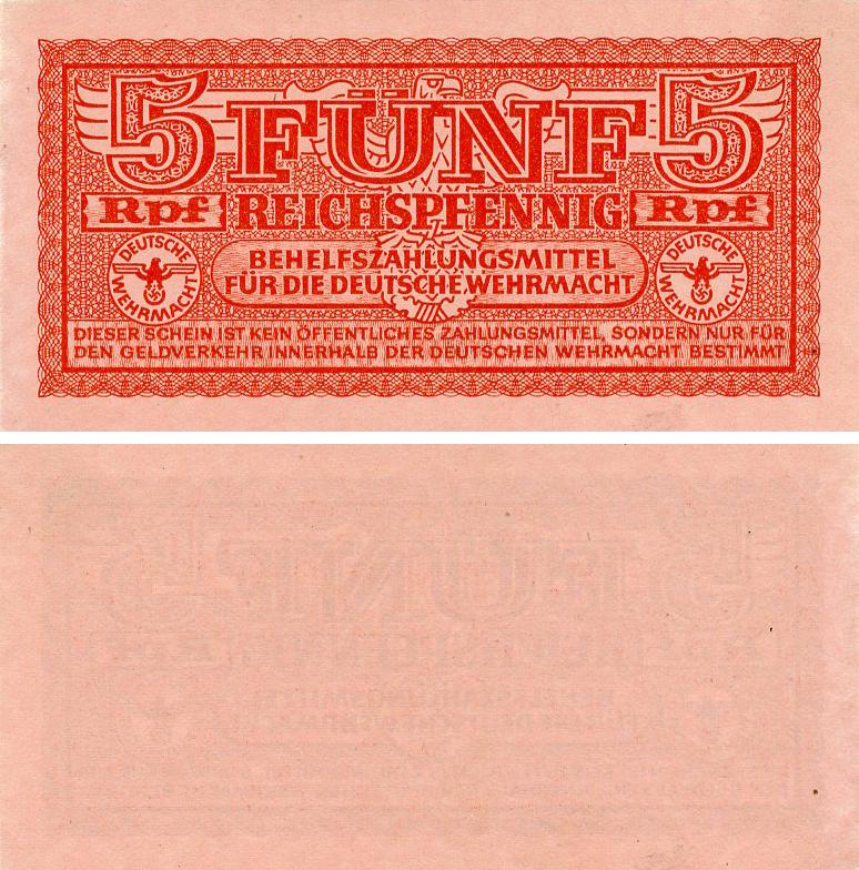 Коллекционная банкнота Германия 5 пфеннигов 1942 VF-AU (Б25126)