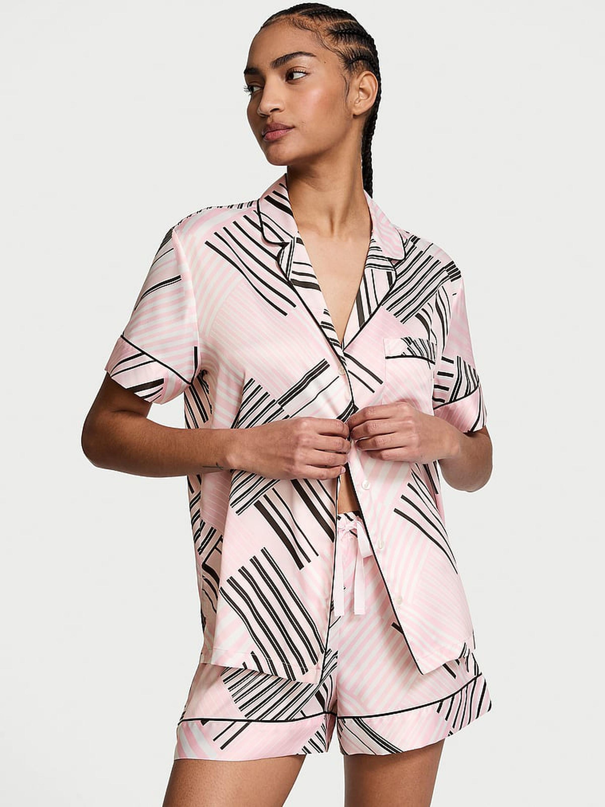 Пижама сатиновая Victoria's Secret Glazed Satin Short Pajama Set Pink Frosting Patchwork Stripes XS Розовый (29978159D)