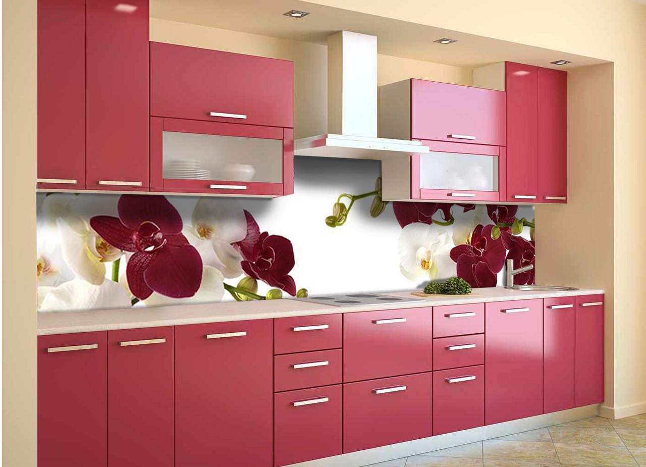 Кухонный фартук Бордовые орхидеи из самоклеющейся виниловой пленки 65х250 см Белый