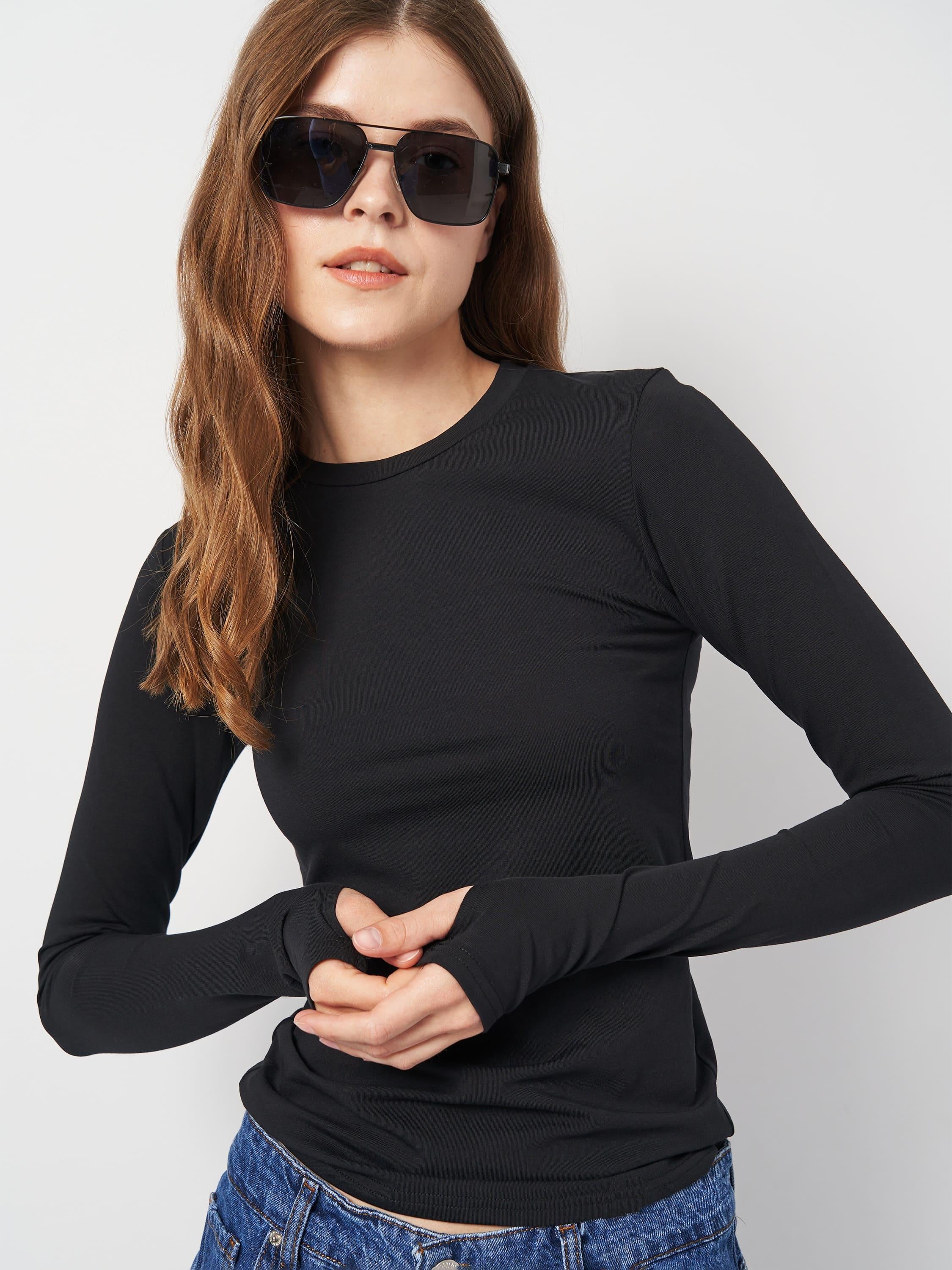 Лонгслив женский с вырезом для пальца ROZA 231023 XS Черный (4824005695889)