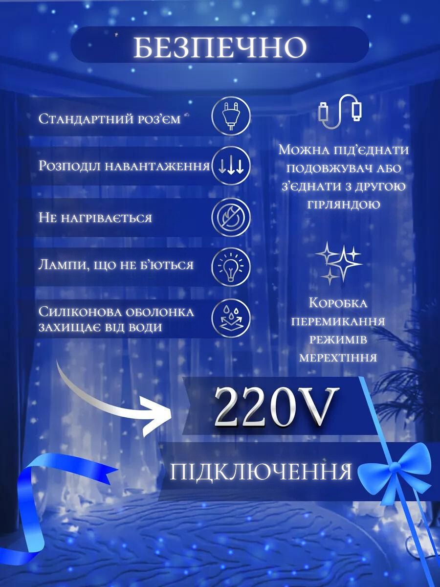 Штора-гірлянда на вікно новорічна світлодіодна Синій (30307093) - фото 3 Штора-гірлянда на вікно новорічна світлодіодна Синій (30307093) - фото 3