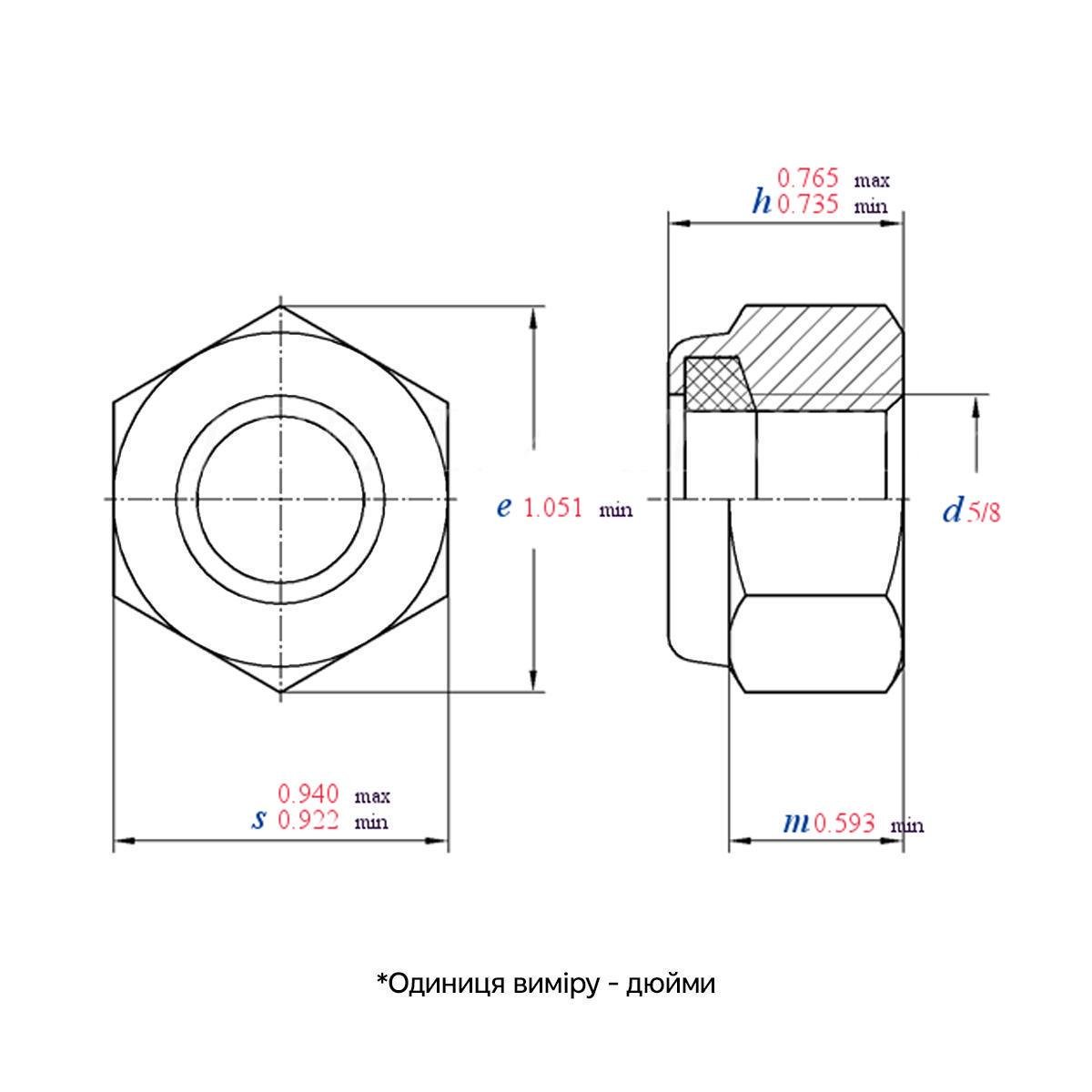 Гайка дюймова самостопорна Metalvis 5/8" ASME B18.16.6 сталь Gr5 крок UNC під ключ 15/16" цинк білий 50 шт. (I6020I6P2015110520) - фото 2