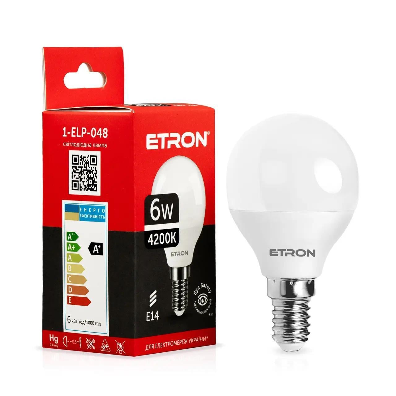 Світлодіодна лампа ETRON 6W G45 4200K 220V E14 Денний білий (1-ELP-048)