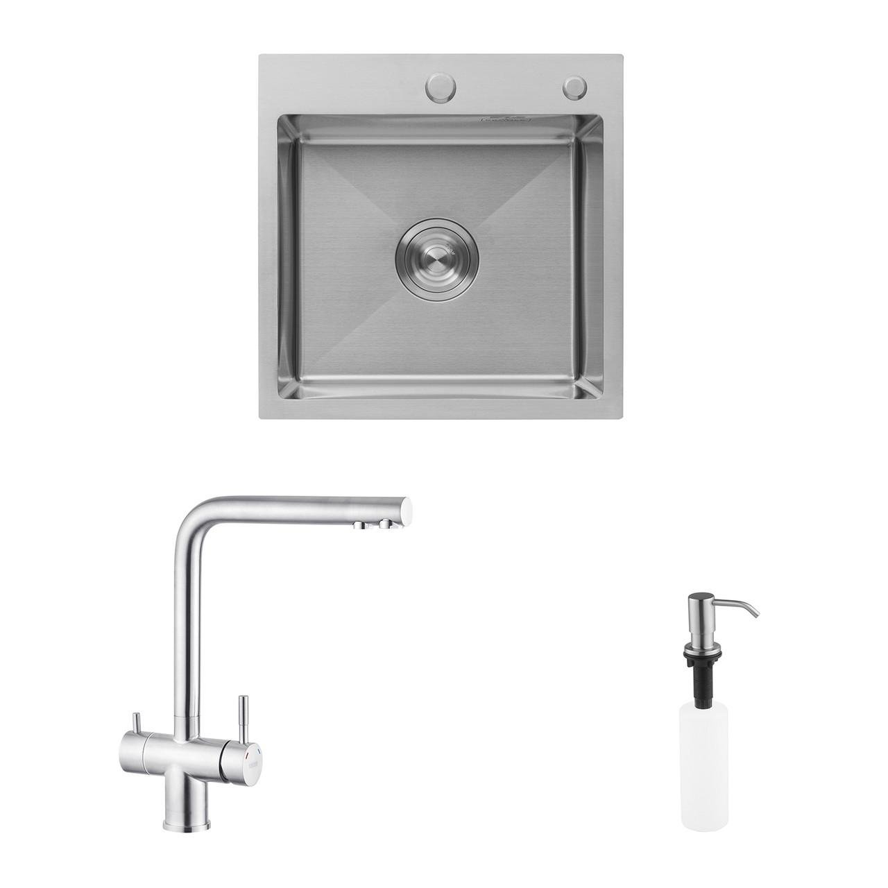 Комплект кухонна мийка Kroner Gebürstet-6050HM/змішувач Edelstahl Klassisch-ESG03811/дозатор (2669564667)