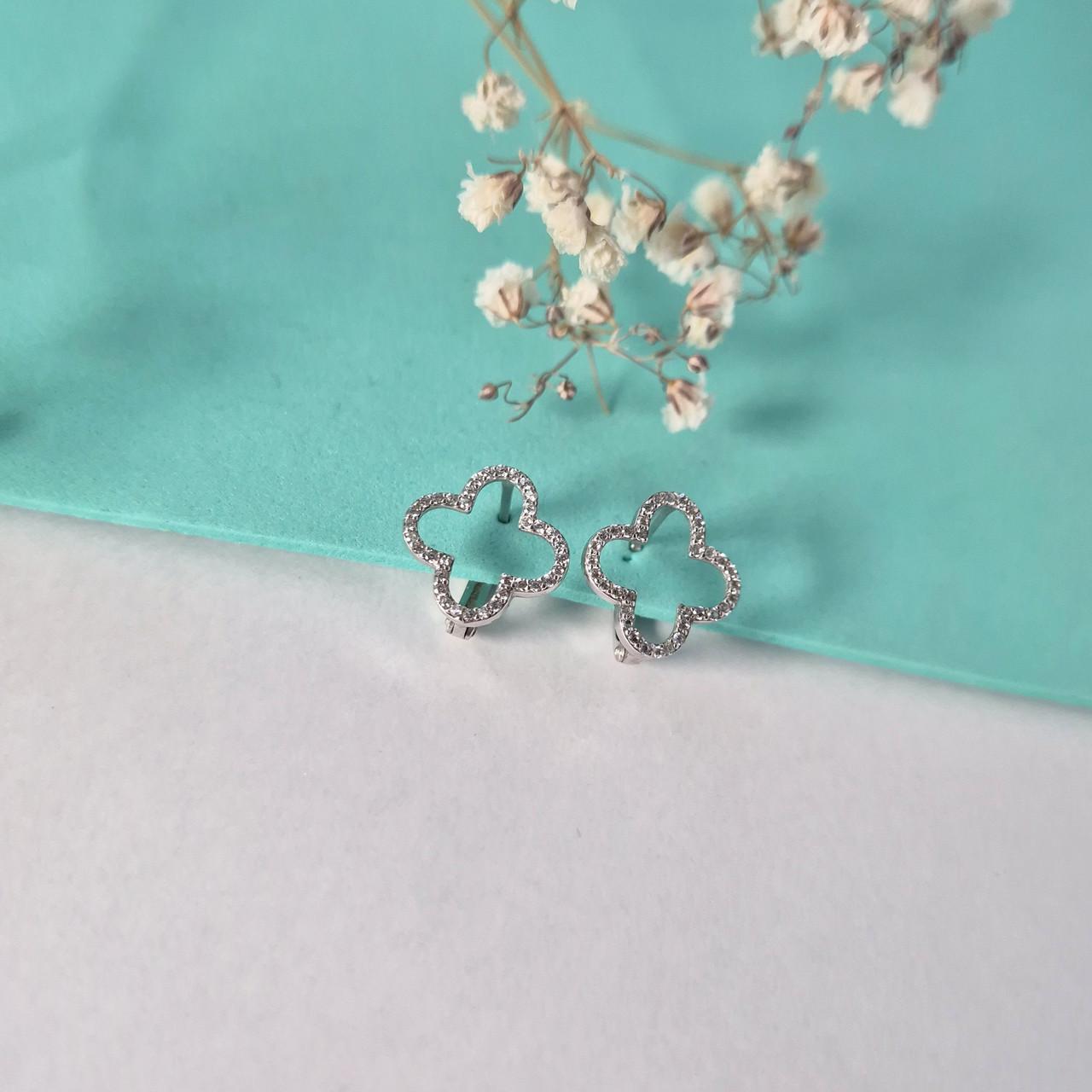 Сережки конюшина із білими каменями срібло 925 проби родоване 1,87 г (1494с)