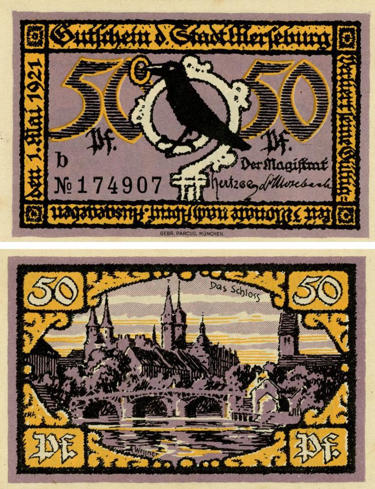 Коллекционная банкнота Германия Нотгельд 50 пфеннигов 1921 F-VF Мерзебург Разновидность 3 (Б18801)