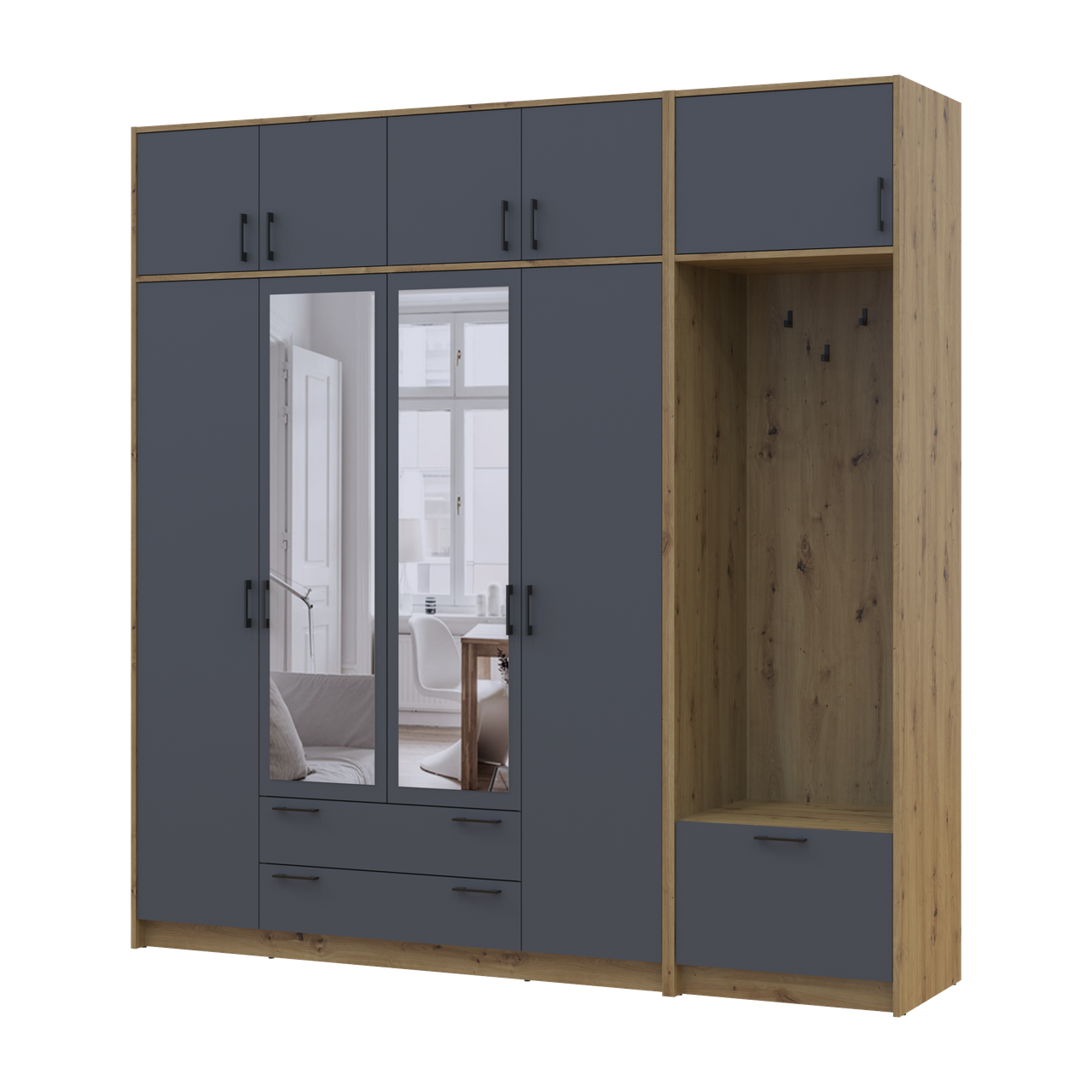 Шафа для одягу Doros Ронді з вішалкою/дзеркалом/антресолею 4 ДСП 220х52х236 см Дуб Артізан/Графіт (42005299) Шафа для одягу Doros Ронді з вішалкою/дзеркалом/антресолею 4 ДСП 220х52х236 см Дуб Артізан/Графіт (42005299)