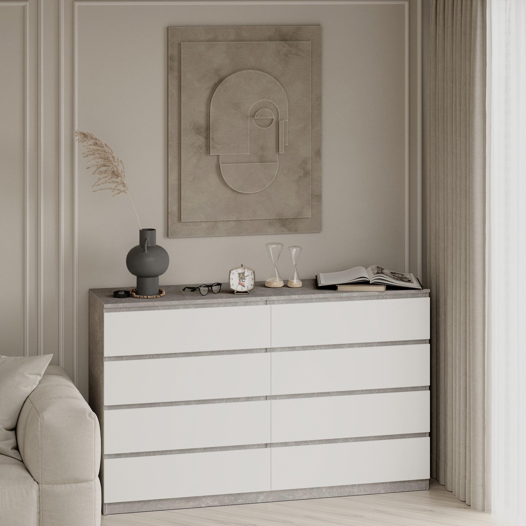 Комод на 8 ящиков без ручек Line KF8 1400x450x1035 мм Бетон/Белый - фото 1