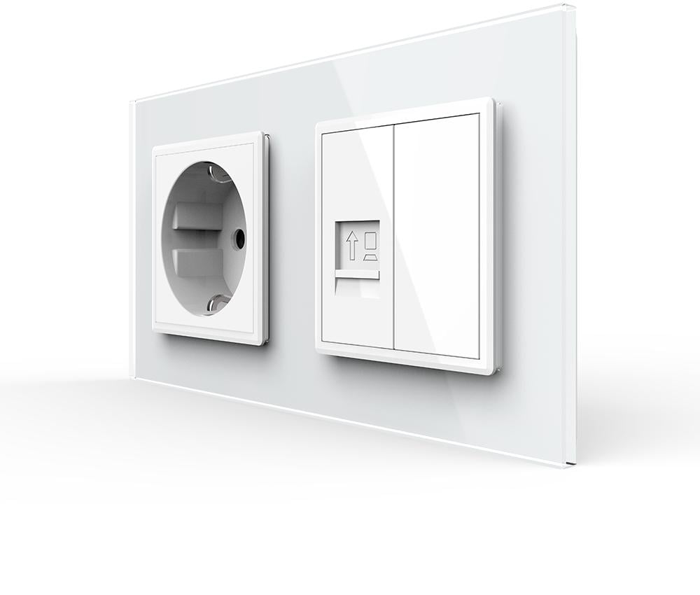 Розетка настенная LIVOLO силовая/интернет RJ-45 дизайнерская стеклянная рамка Белый (VL-C7FCTC16A/FCCP/FCMB-4WP)