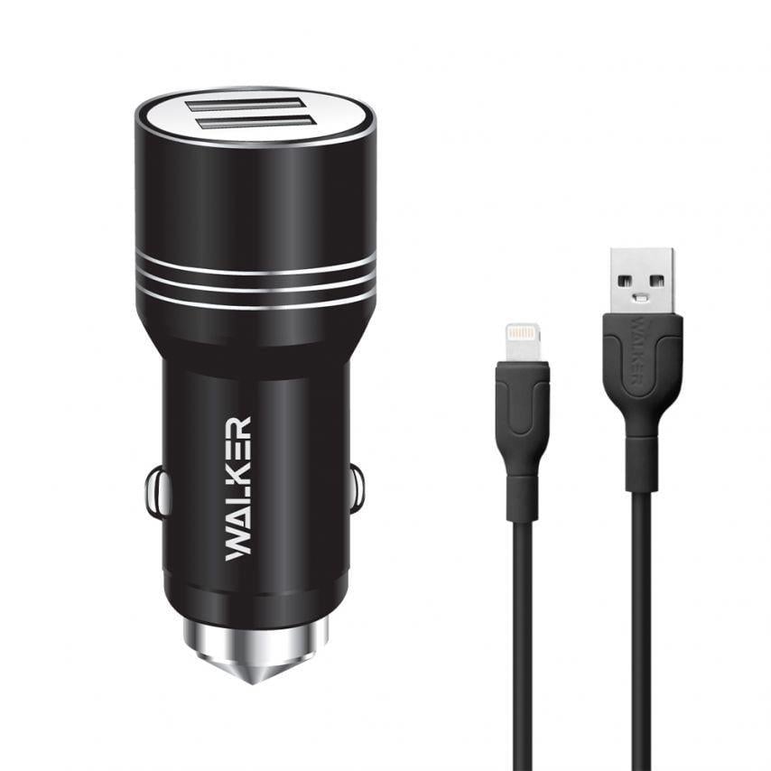 Адаптер автомобильный Walker WCR-21 2USB 1.0А/2.4A/Data Cable USB to Lightning Black