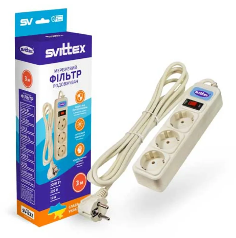 Фильтр-удлинитель сетевой SVITTEX 3 м SV-832 3 гнезда (НФ-00002000) - фото 2 Фильтр-удлинитель сетевой SVITTEX 3 м SV-832 3 гнезда (НФ-00002000) - фото 2