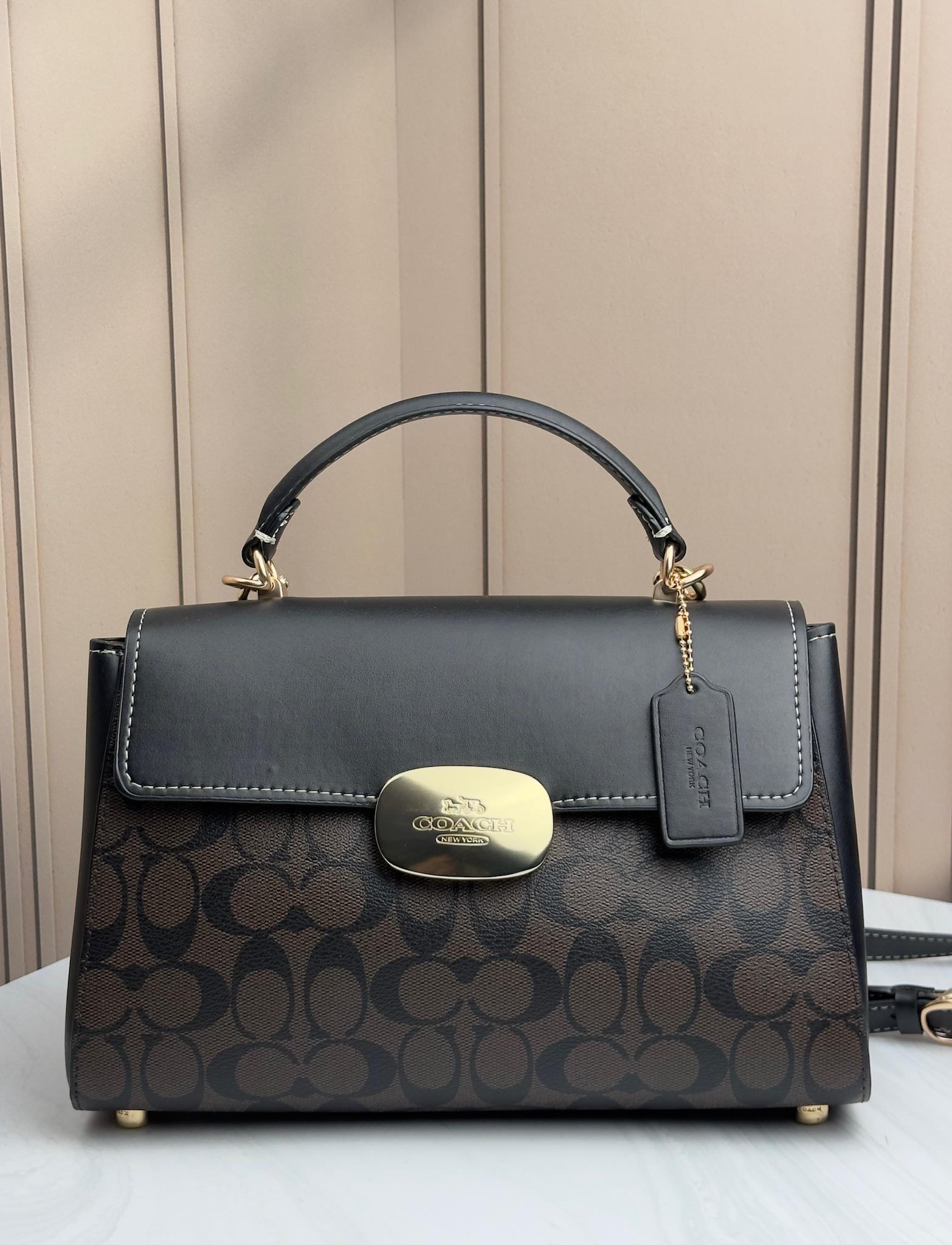Сумка женская кожаная Coach Eliza Top Logo Brown Black