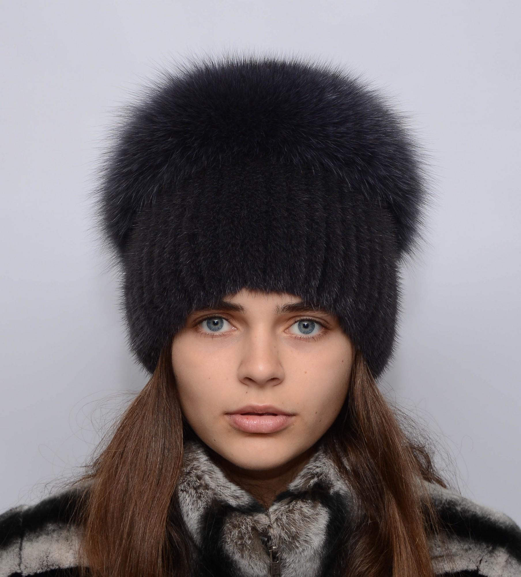 Женская вязаная норковая шапка Меховой стиль Водопад с помпоном натуральный мех Темный ирис (121/C)