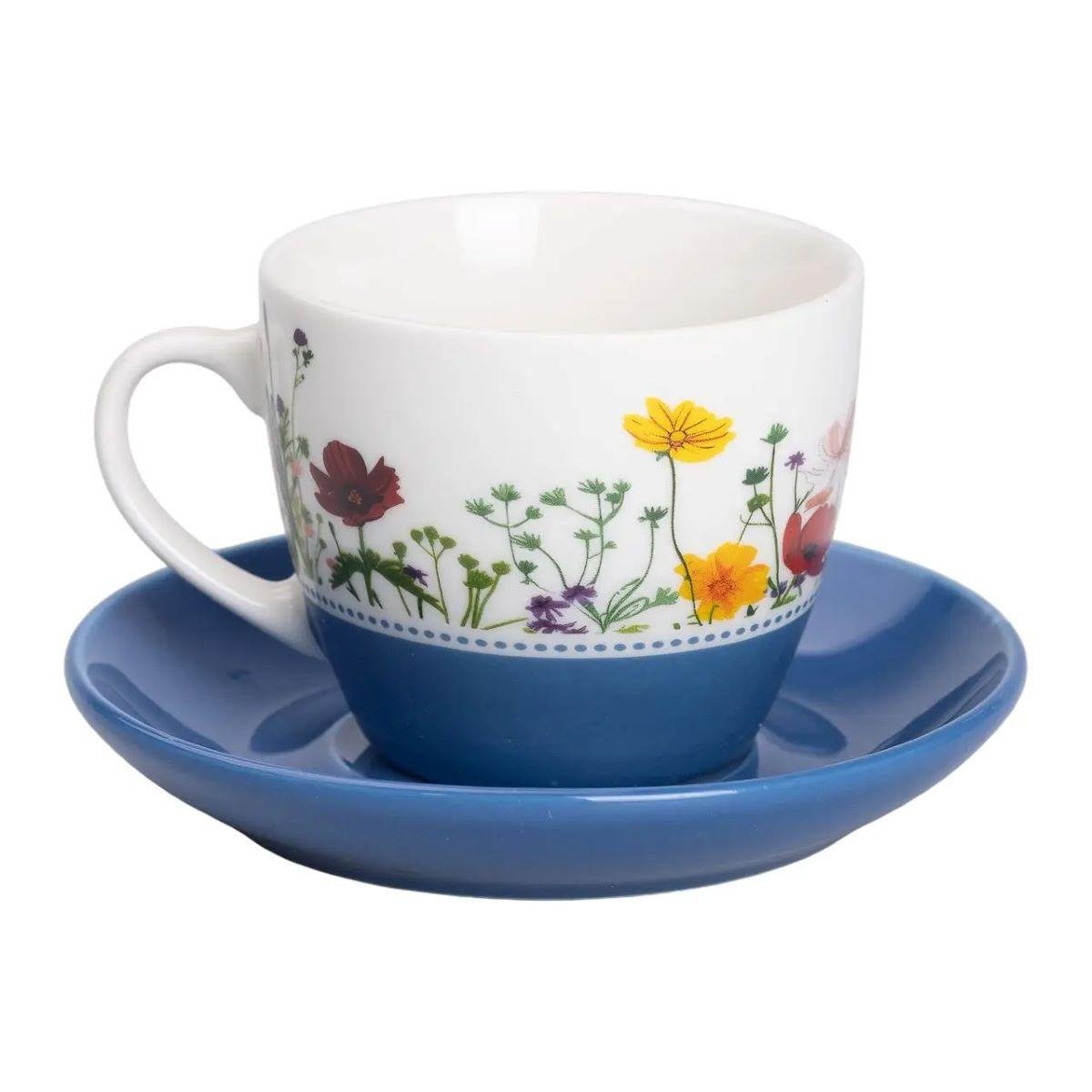 Чашка порцелянова з блюдцем з квітами 250 мл Синій (RX-N24723BL)