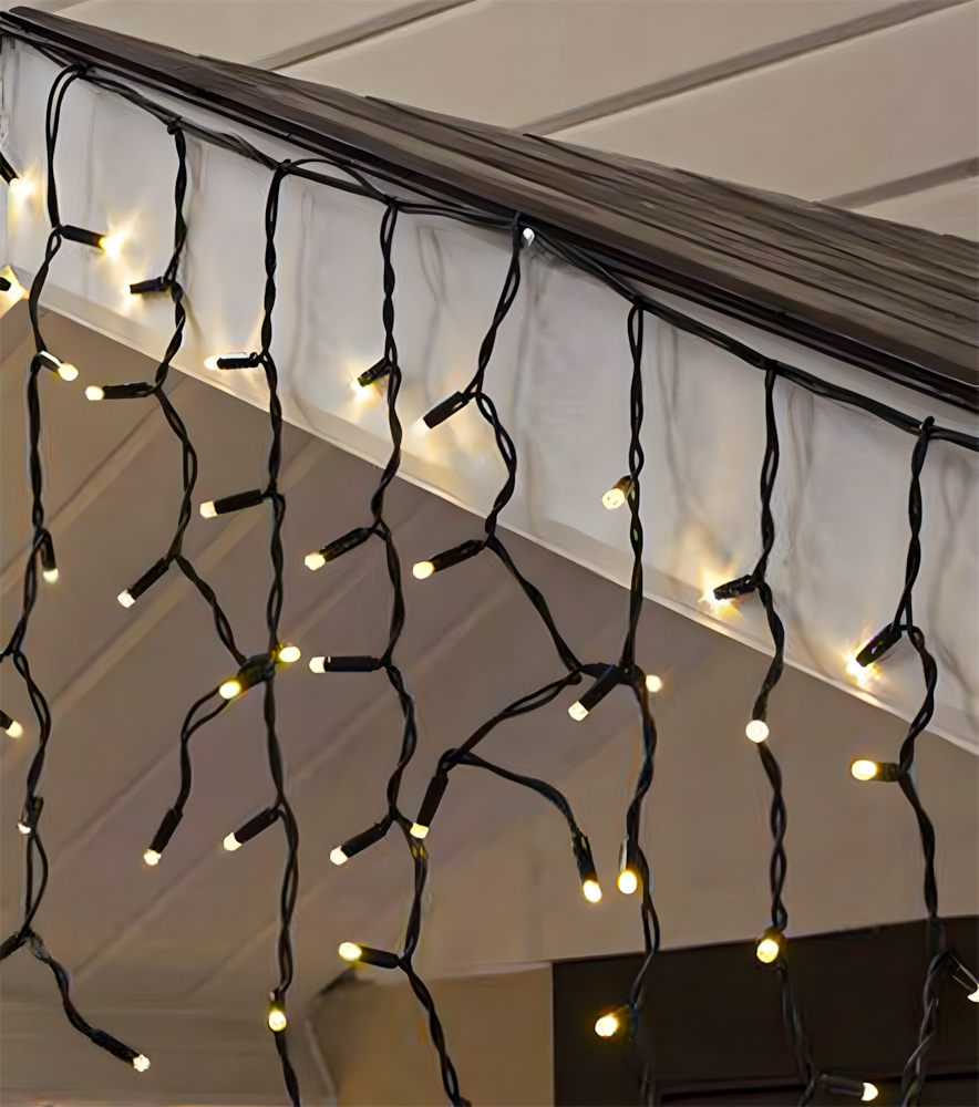 Гирлянда штора уличная 3x3 м 20 нитей 600 LED черный каучук 8 режимов Теплый белый