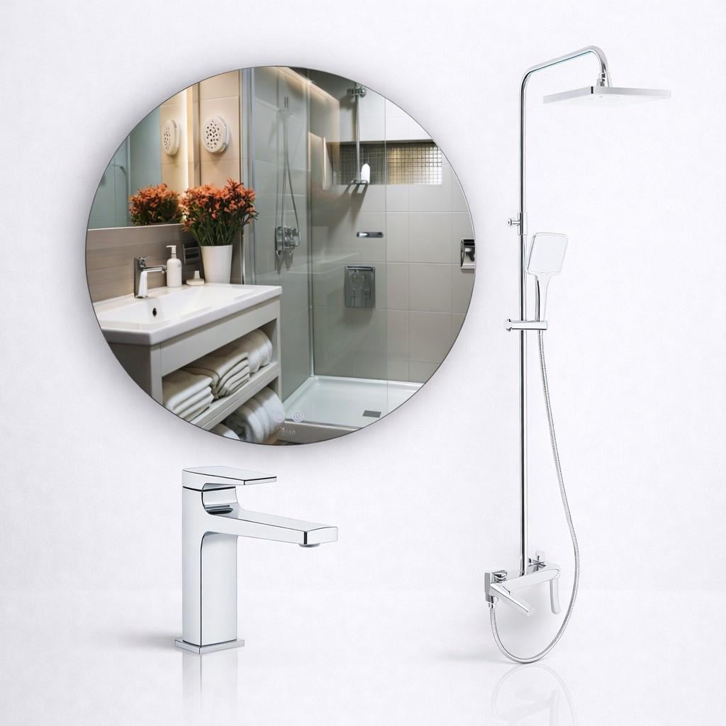 Комплект для ванной Qtap Nando душевая система на 3 потребителя с изливом и смеситель для раковины Nando и LED зеркало Qtap Touch Anti-Fog 800х700 мм