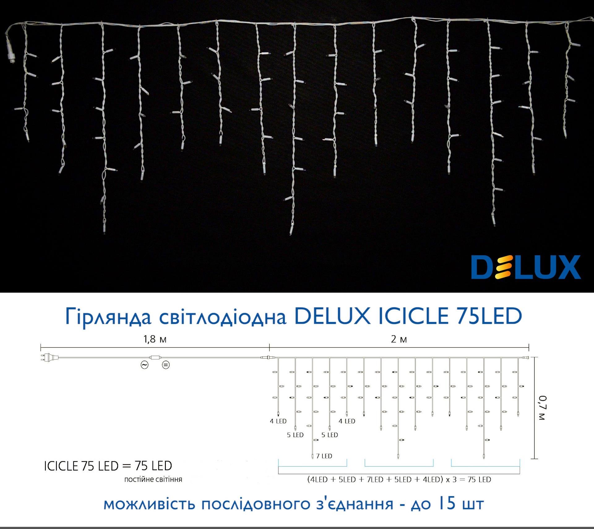 Гирлянда внешняя Delux Icicle 75 LED IP44 EN 2x0,7 м Синий/Белый (90016592) - фото 2 Гирлянда внешняя Delux Icicle 75 LED IP44 EN 2x0,7 м Синий/Белый (90016592) - фото 2