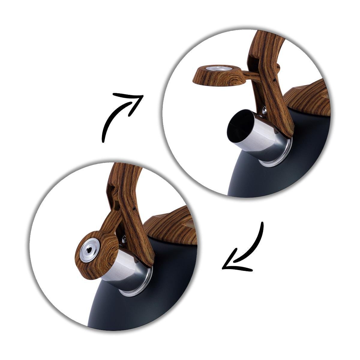 Чайник со свистком Kamille KM-1087 из нержавеющей стали и нейлоновой ручкой с покрытием soft-touch под дерево 2,7 л Черный (150-84-1087) - фото 5 Чайник со свистком Kamille KM-1087 из нержавеющей стали и нейлоновой ручкой с покрытием soft-touch под дерево 2,7 л Черный (150-84-1087) - фото 5