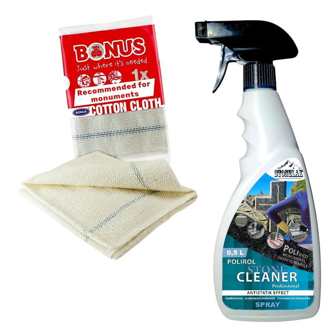 Набір поліроль для догляду пам'ятнику Stone Cleaner Memorial Serias Antistatik Effect 0,5 л/ганчірка BONUS Cotton cloth (111160) Набір поліроль для догляду пам'ятнику Stone Cleaner Memorial Serias Antistatik Effect 0,5 л/ганчірка BONUS Cotton cloth (111160)