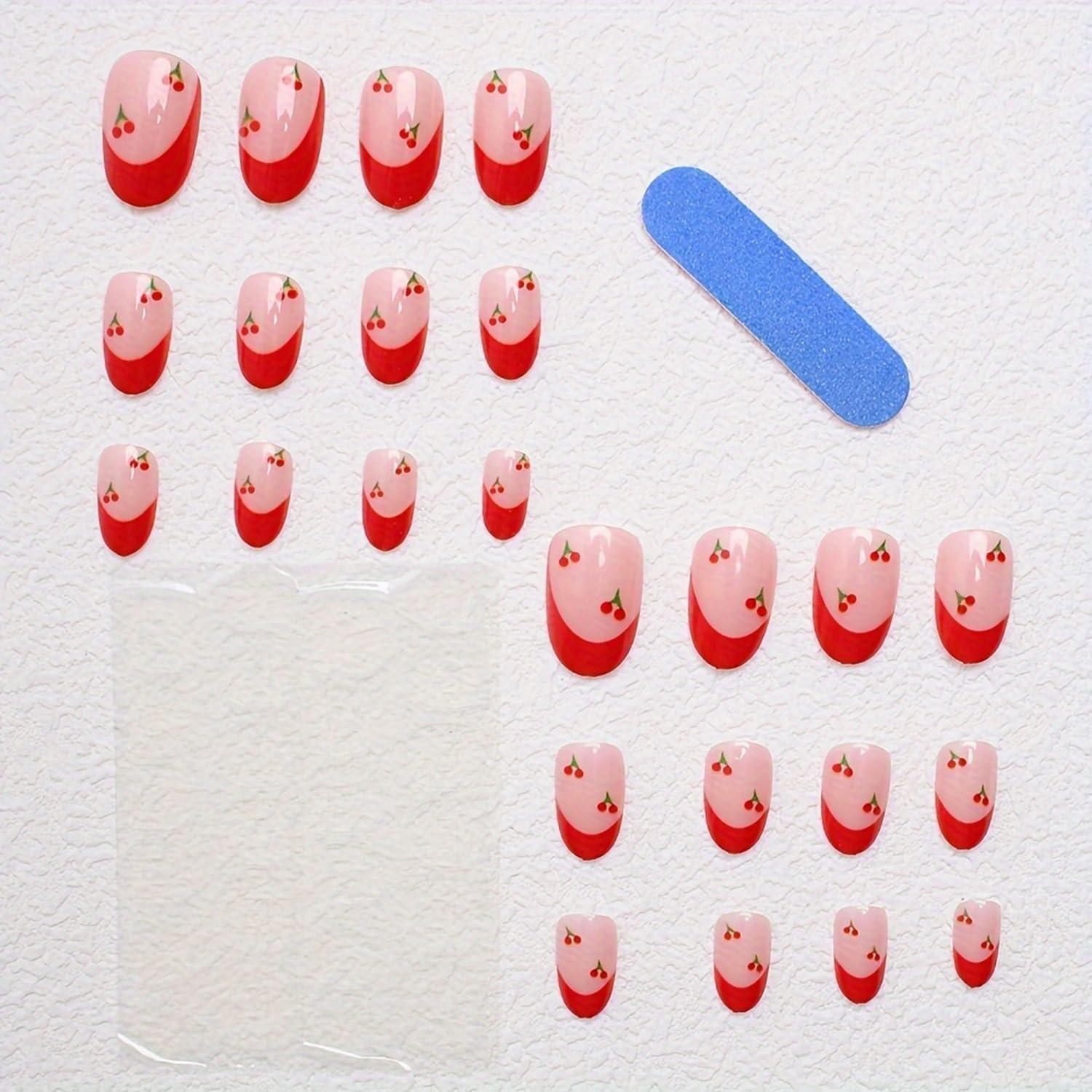 Накладні нігті Вишеньки з клейовими пластинами 24 шт. Нюд із червоним (2743174702) - фото 3