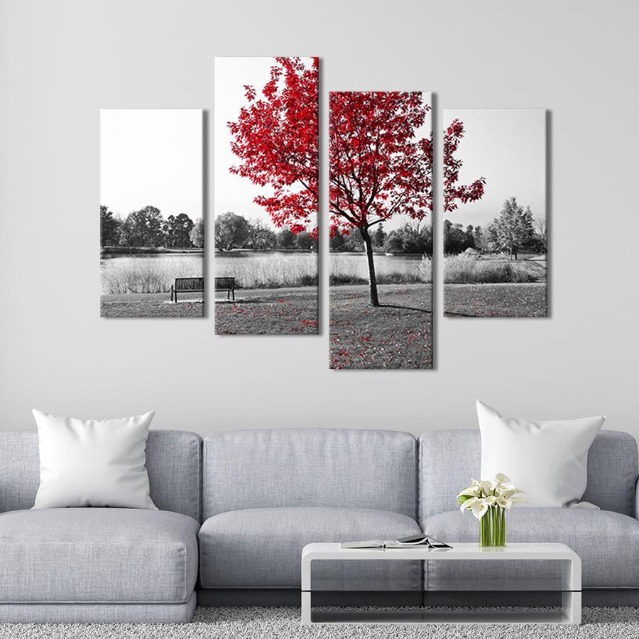 Модульная картина из четырех частей на холсте интерьерная картина Красное дерево и скамейка 89x56 см (588-42)